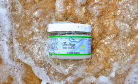 The Keys Salt Scrub open jar top-down view showing product consistency