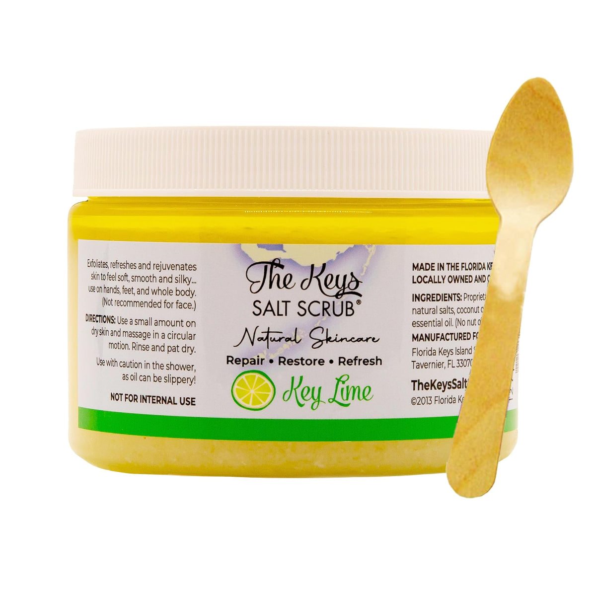 The Keys Salt Scrub wooden spoon for hygienic scooping and control