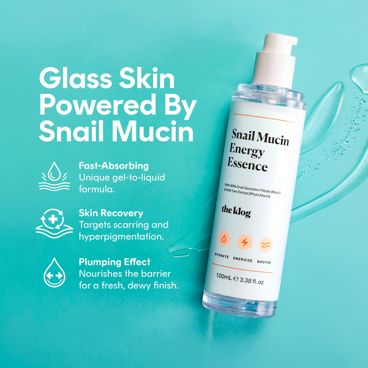 The Klog close-up texture of clear gel-to-liquid essence, showing fast absorption