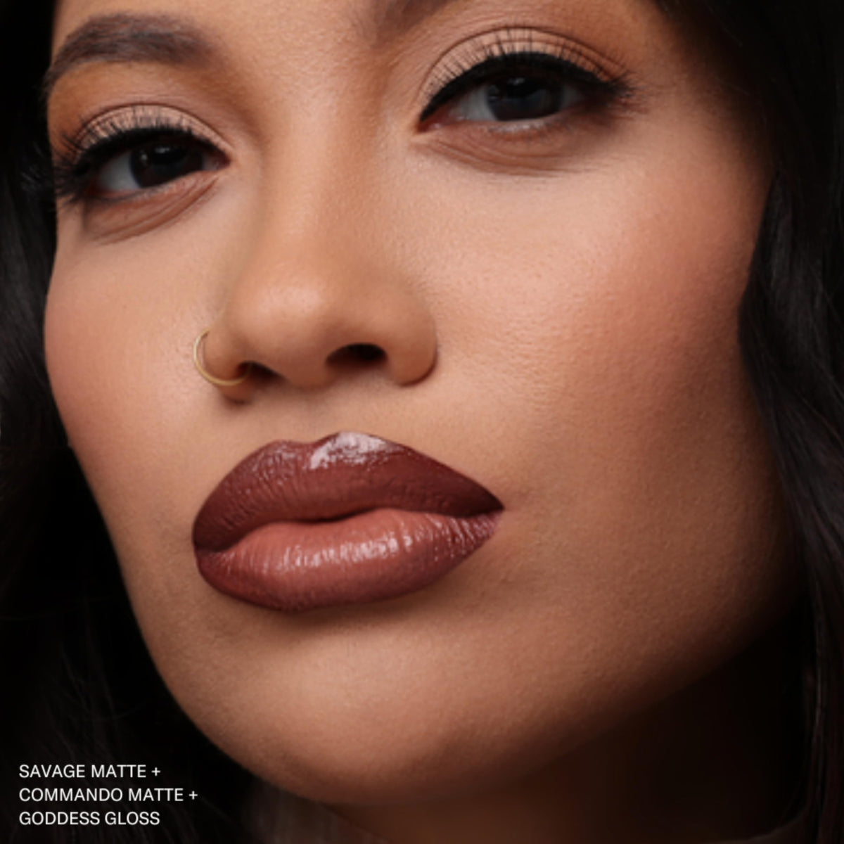 The Lip Bar Commando layered with gloss showing customizable shine options