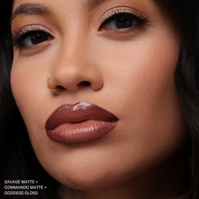 The Lip Bar Commando layered with gloss showing customizable shine options