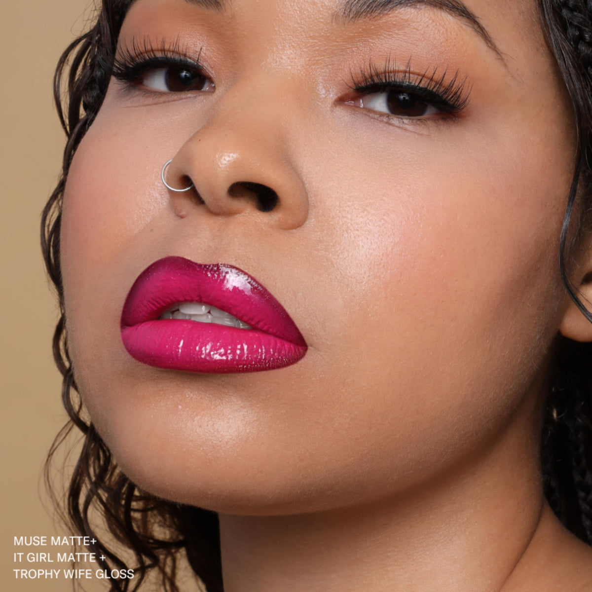 The Lip Bar Muse lifestyle evening look showing bold deep-berry shade for confidence