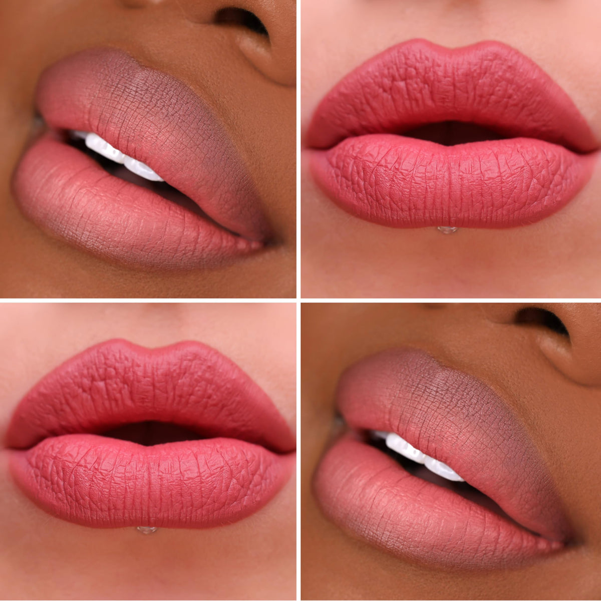 The Lip Bar worn on smile in lifestyle setting showing color payoff benefit: wearable confidence