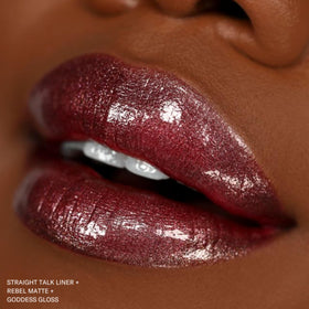 The Lip Bar Rebel styled with gloss shows layering option for high-shine benefit