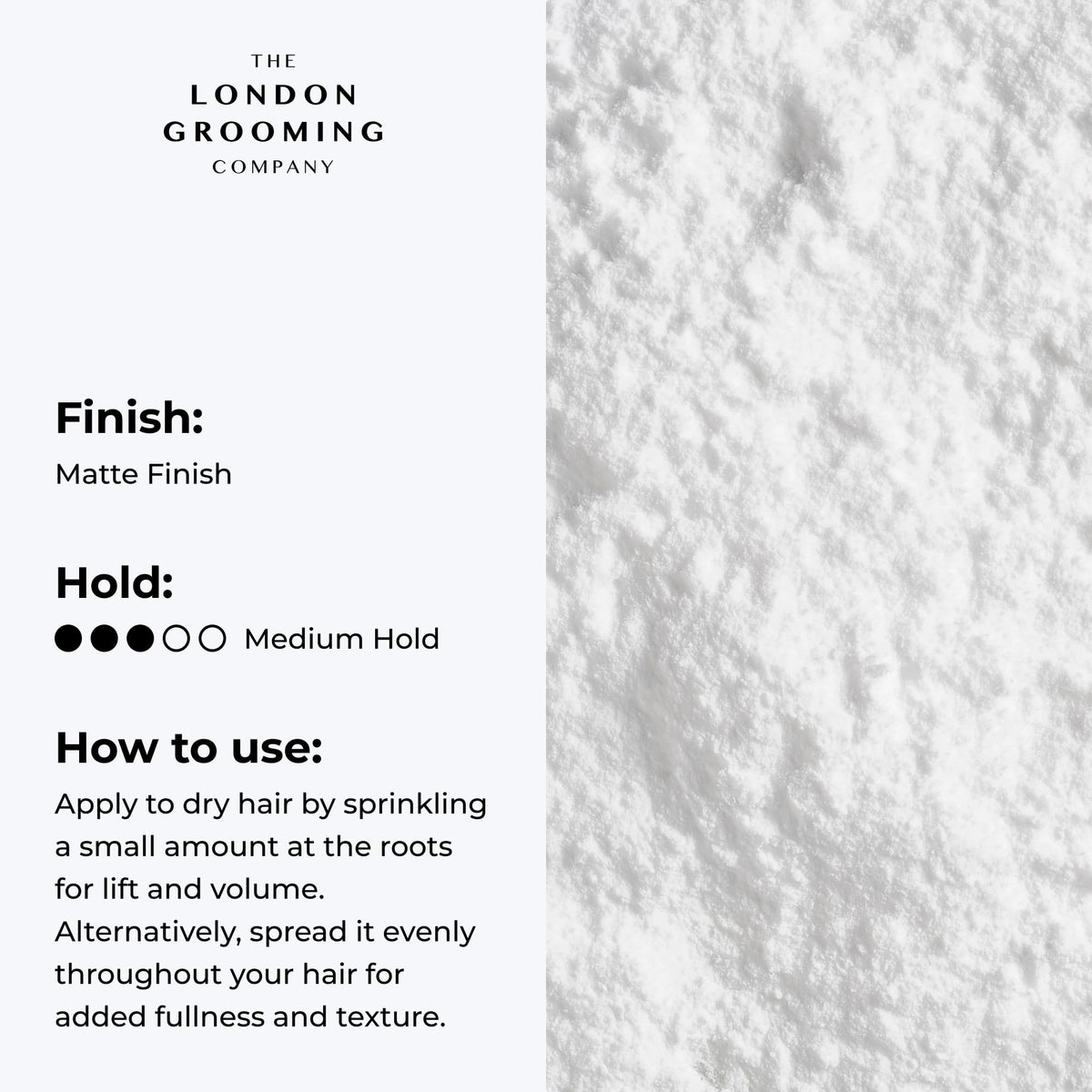 The London Grooming Company close-up of powder texture showing fine particles for lightweight volume