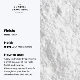 The London Grooming Company close-up of powder texture showing fine particles for lightweight volume