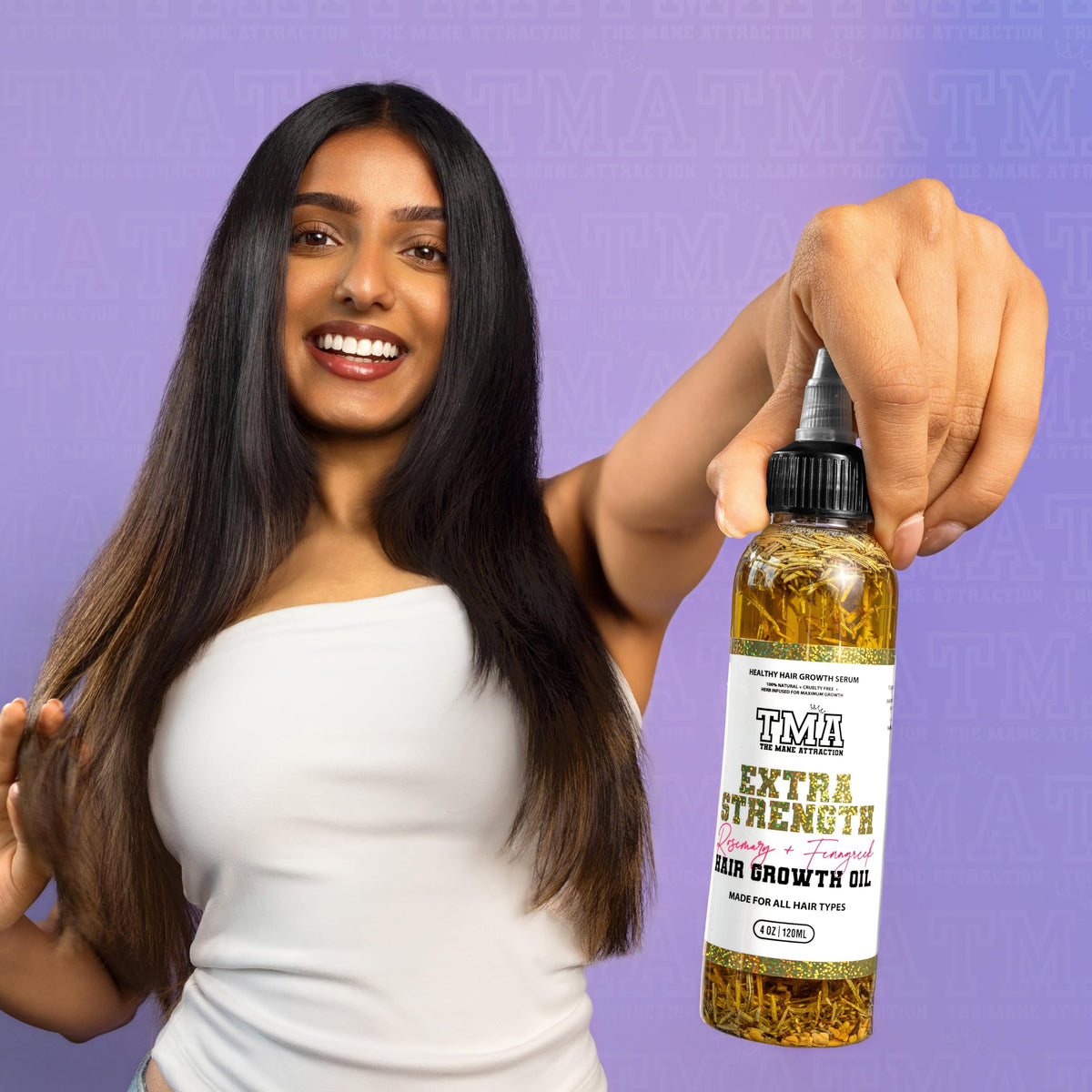 Flatlay of herbs and oils used in The Mane Attraction showing natural sourcing