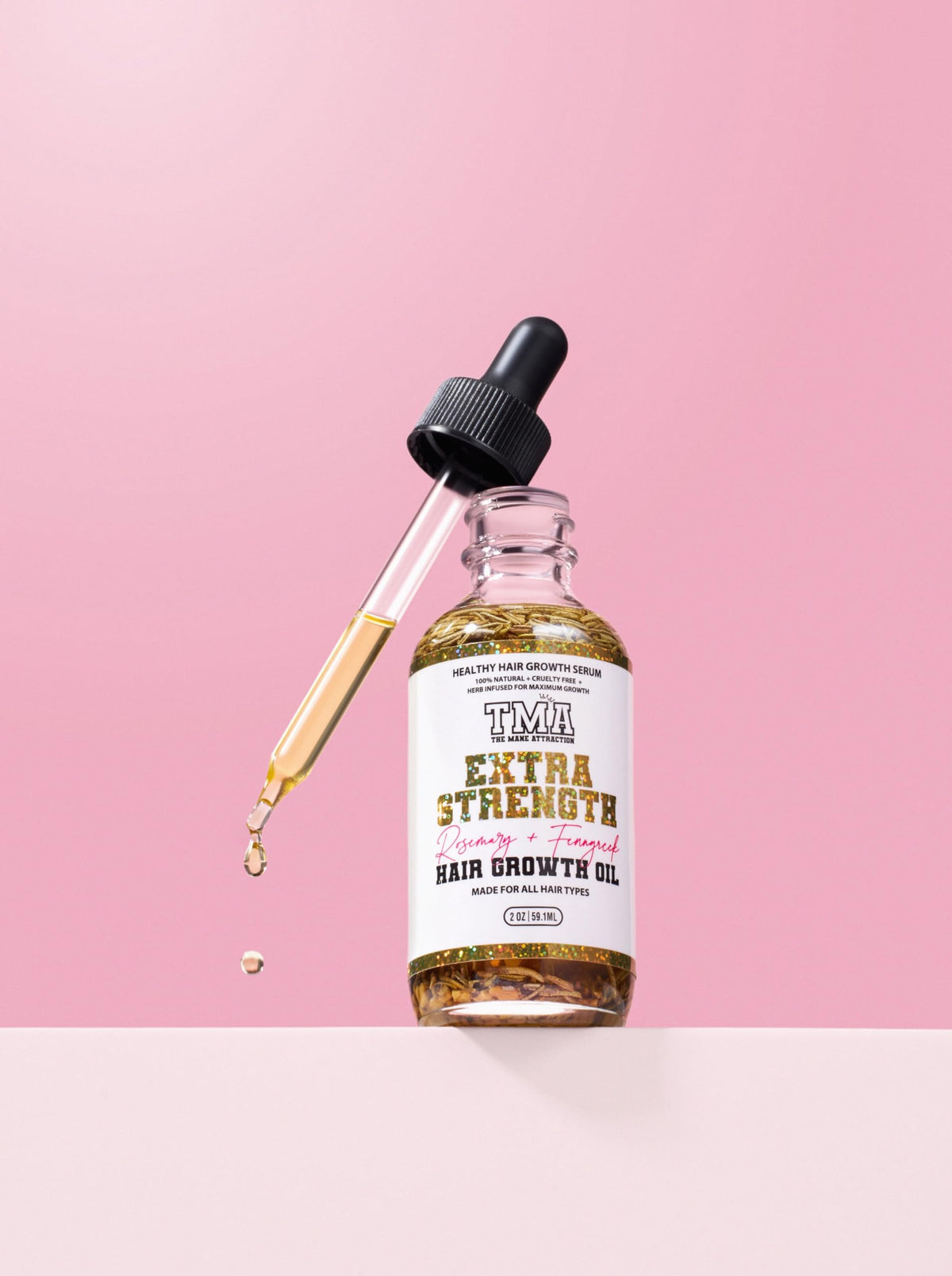 The Mane Attraction bottle on bathroom shelf in routine setting showing easy daily use