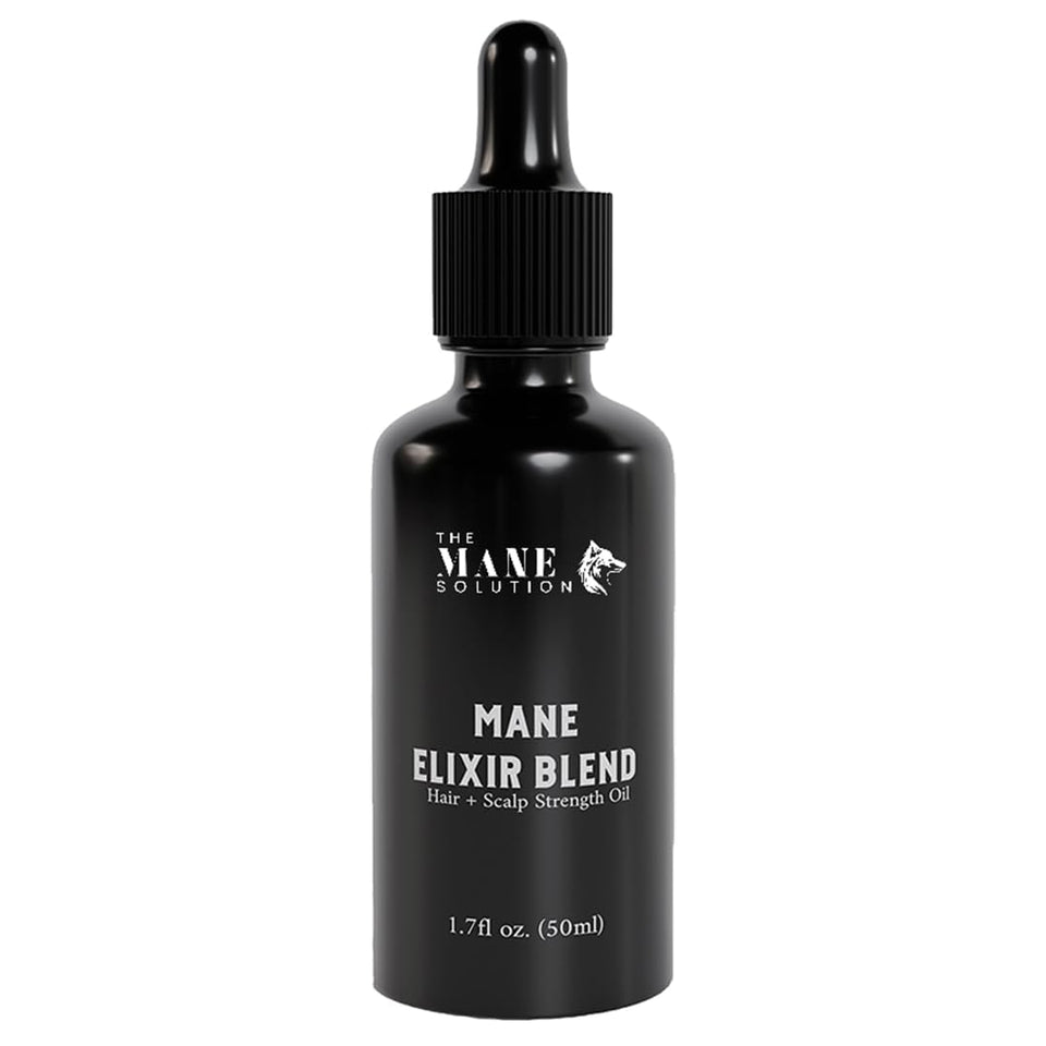 The Mane Solution front bottle shot showing elegant 50ml label and dropper benefit of clear dosing