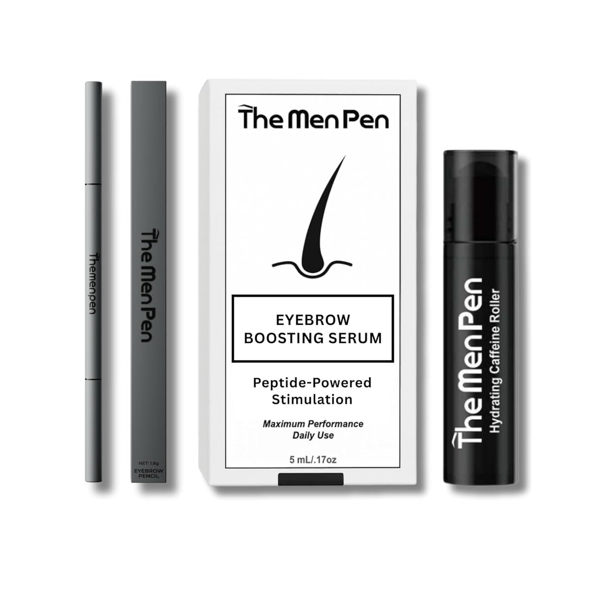The Men Pen front packaging showing grooming trio and travel-ready design benefit