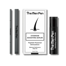 The Men Pen front packaging showing grooming trio and travel-ready design benefit