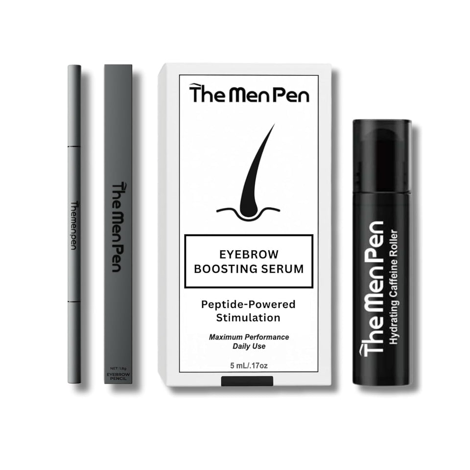 The Men Pen front packaging showing grooming trio and travel-ready design benefit