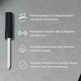 The Men Pen eyebrow serum bottle close-up highlighting peptide-rich formula benefits