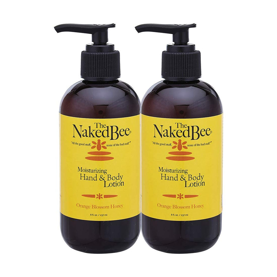 The Naked Bee front packaging shows two 8 oz bottles and bright orange blossom scent, promotes hydration