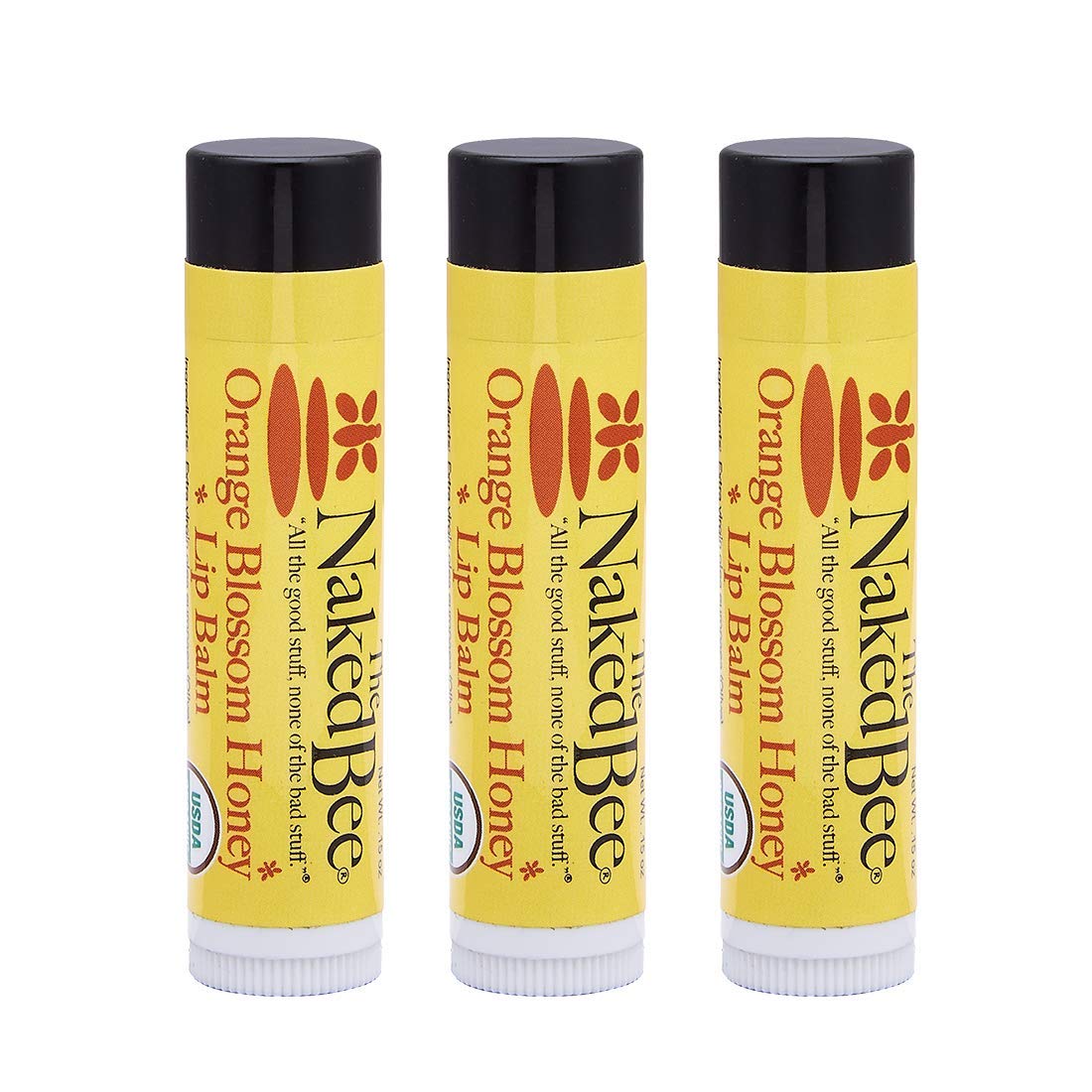 The Naked Bee front packaging showing three orange blossom honey lip balms and travel convenience