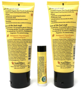 The Naked Bee lip balm close-up showing tube and texture, provides smooth protective moisture