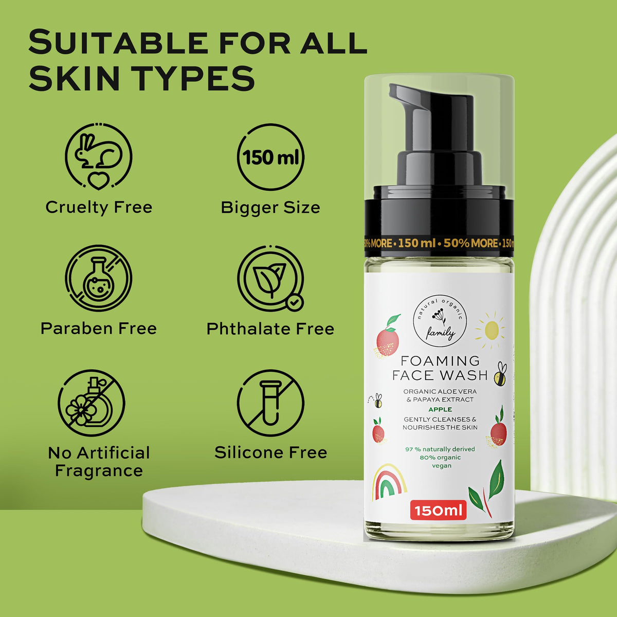 The Natural and Organic Family bottle styled in bathroom showing everyday routine compatibility