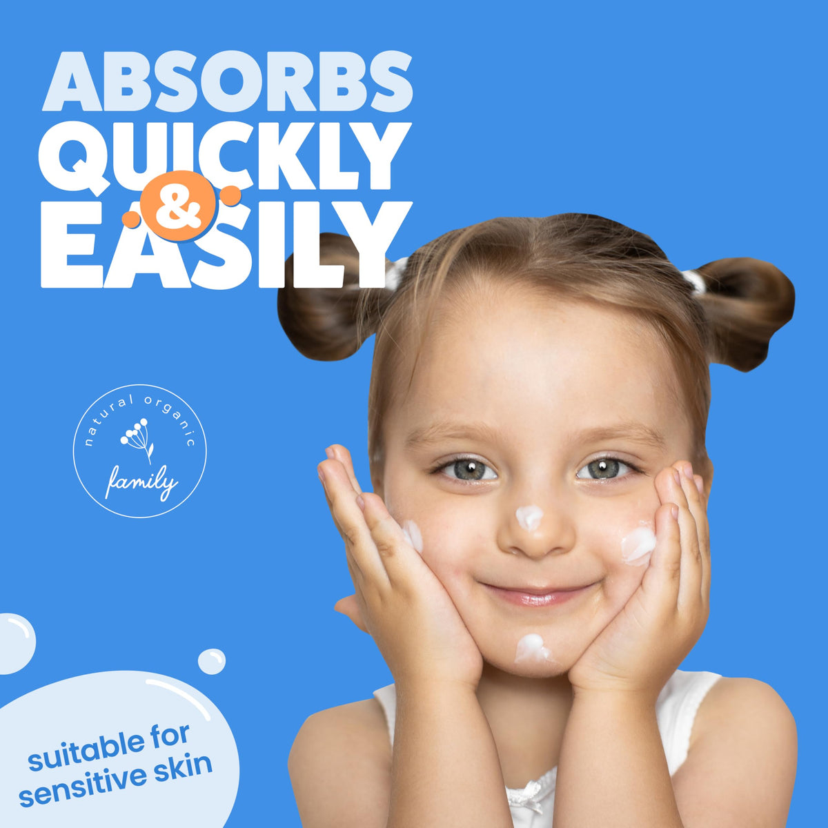 The Natural and Organic Family application on a child’s cheek demonstrating calming hydration