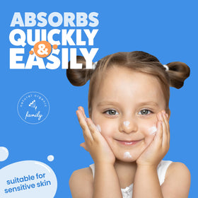 The Natural and Organic Family application on a child’s cheek demonstrating calming hydration