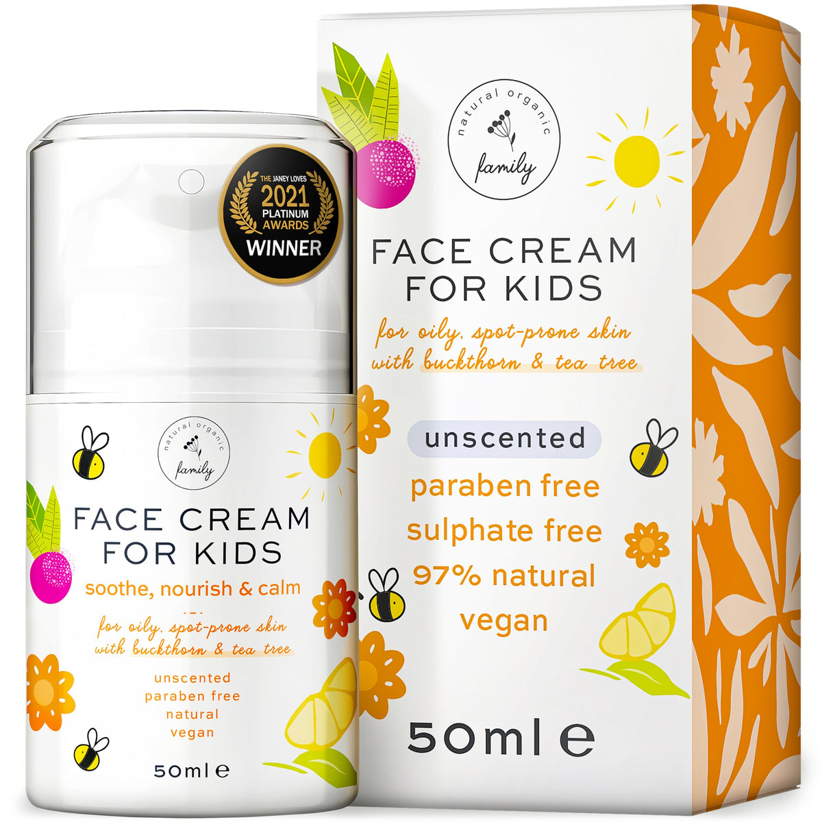 The Natural and Organic Family front packaging showing gentle kids face cream benefit