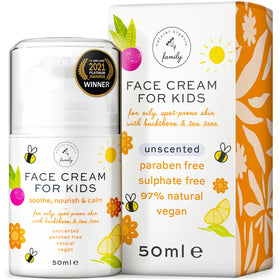 The Natural and Organic Family front packaging showing gentle kids face cream benefit