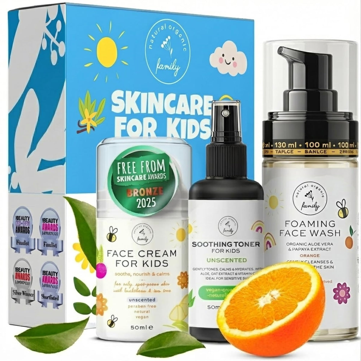 The Natural and Organic Family front packaging show set and benefits of gentle care