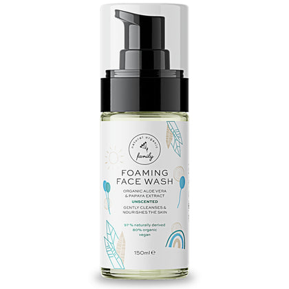 The Natural and Organic Family front packaging showing gentle unscented face wash benefit