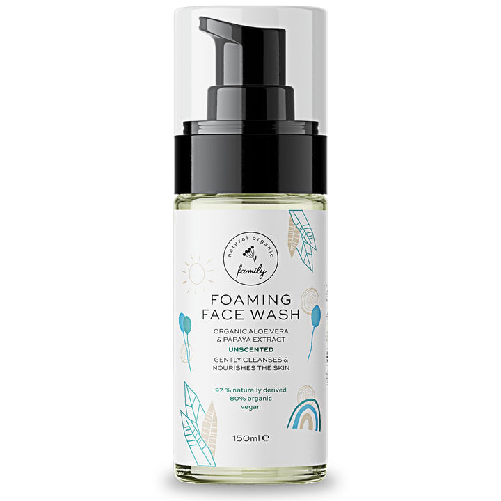 The Natural and Organic Family front packaging showing gentle unscented face wash benefit