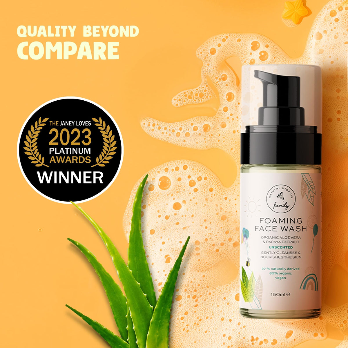 The Natural and Organic Family aloe vera leaf and product highlighting calming ingredient benefit
