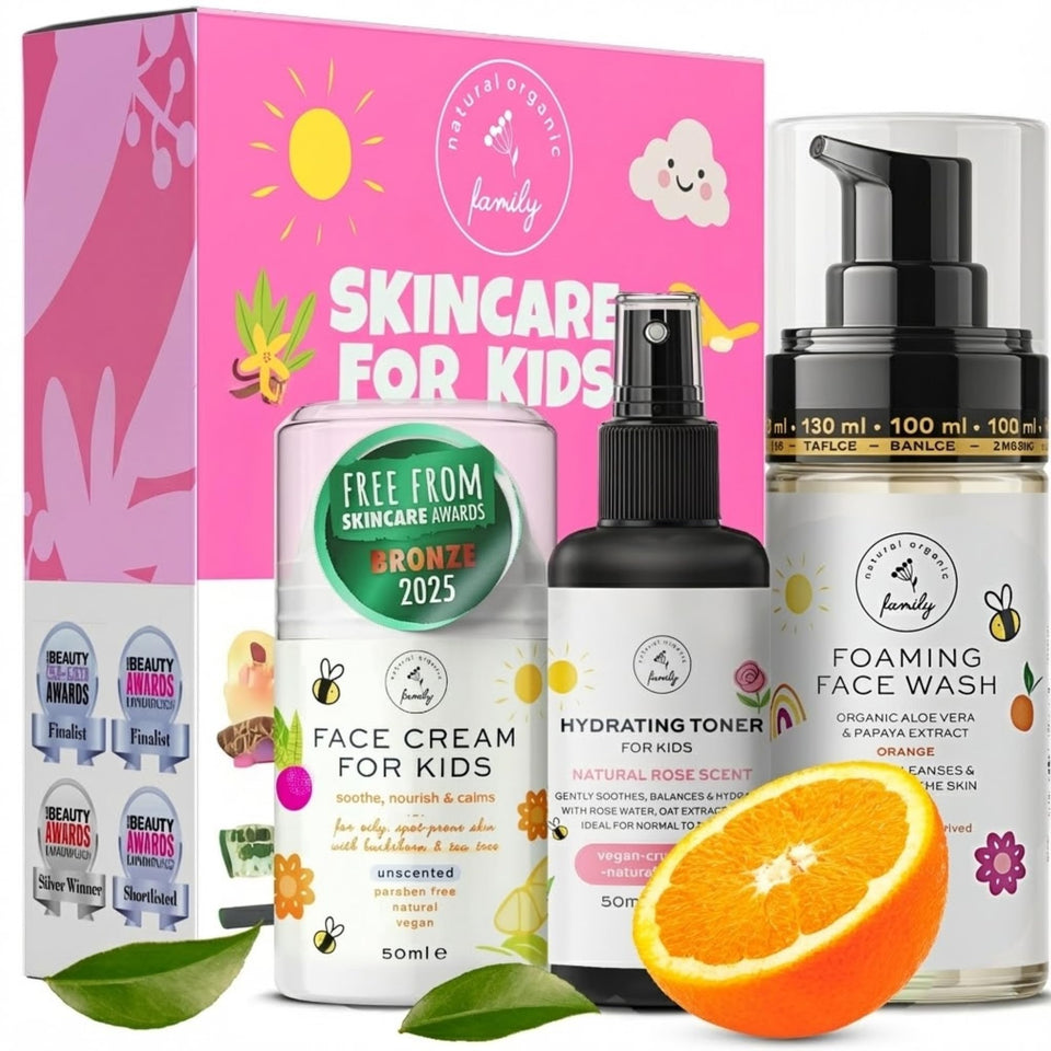 The Natural and Organic Family front packaging showing full kids skincare set and clear labels