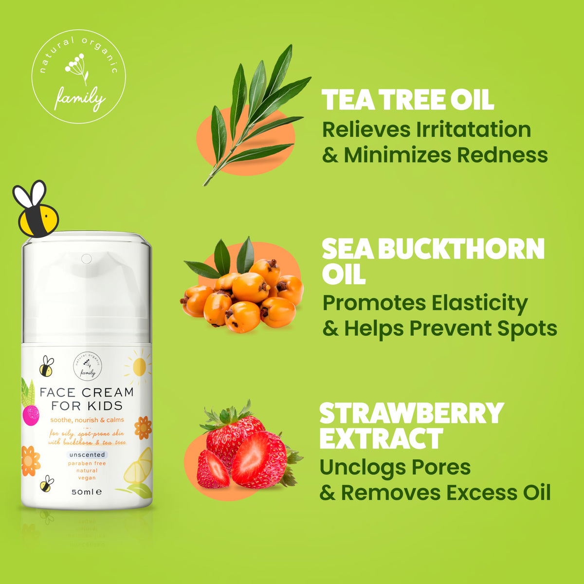 The Natural and Organic Family label detail showing ingredient transparency and safety focus