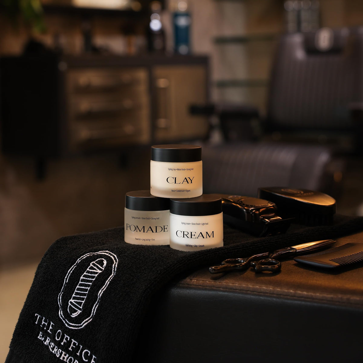 THE OFFICE BARBERSHOPS jar with barber tools implying professional use