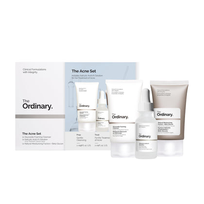 The Ordinary acne set front packaging showing all three products and clear routine