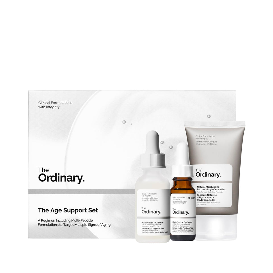 The Ordinary front packaging showing full age support set and simple benefits