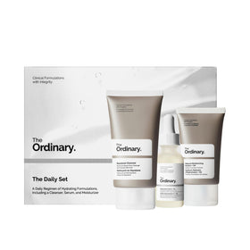 The Ordinary daily set front packaging showing all three products and easy routine benefits