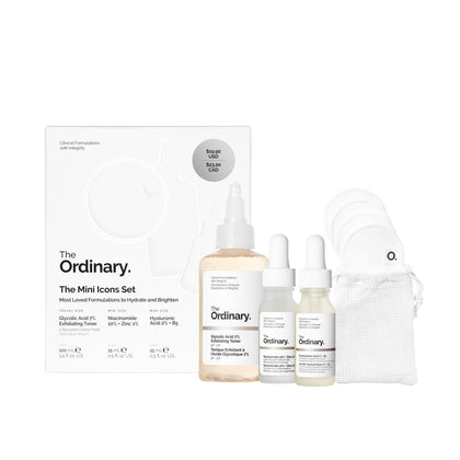 The Ordinary mini set front view showing compact travel bottles and pads, convenient for packing