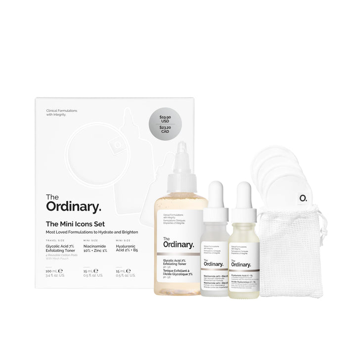 The Ordinary mini set front view showing compact travel bottles and pads, convenient for packing