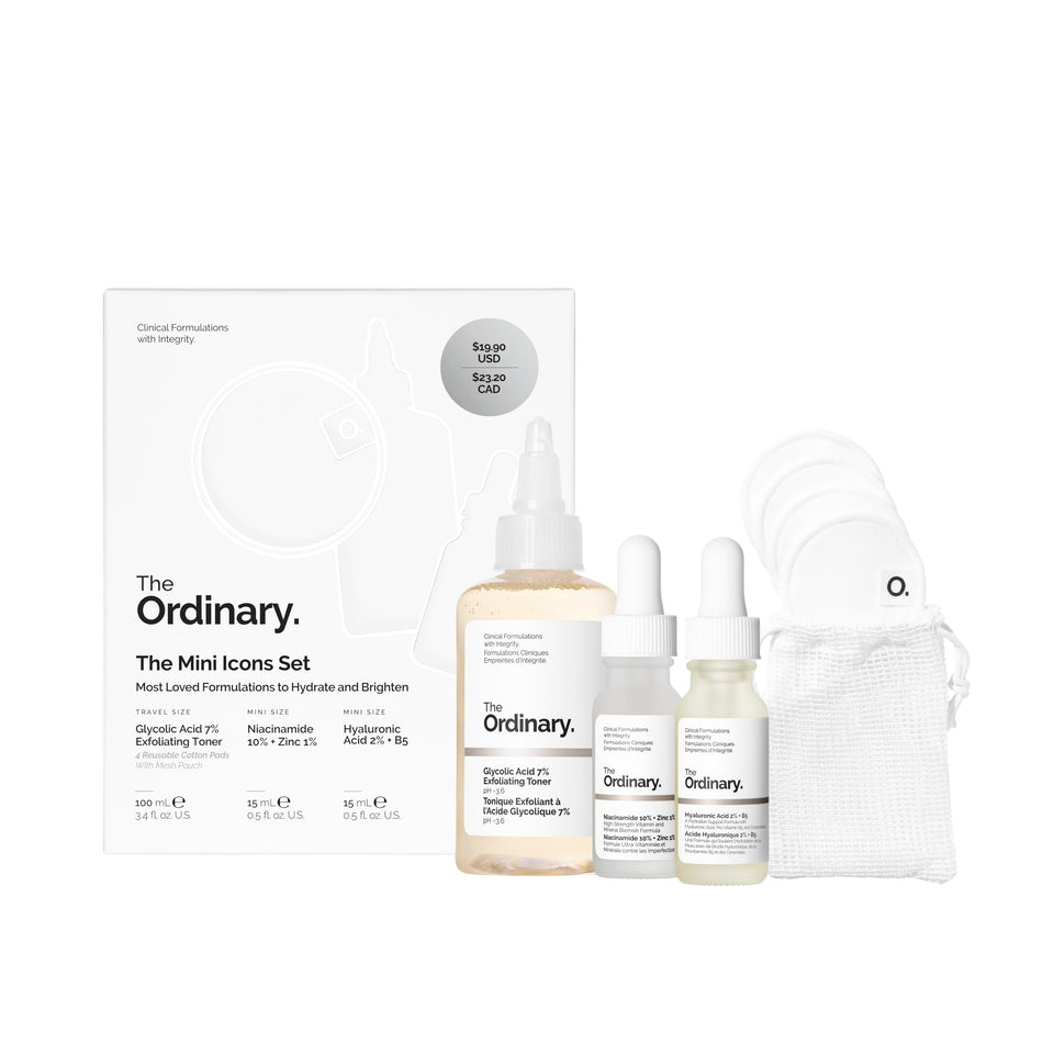 The Ordinary mini set front view showing compact travel bottles and pads, convenient for packing
