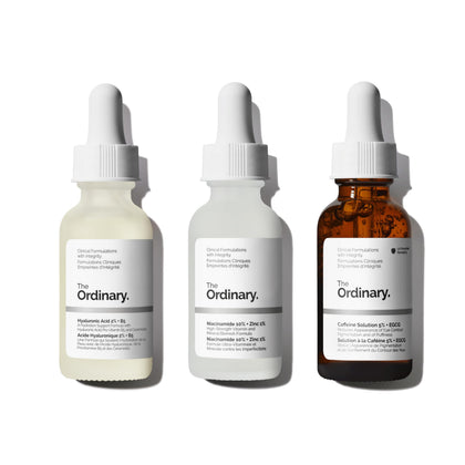 The Ordinary serum set front packaging showing three 1oz bottles and benefits