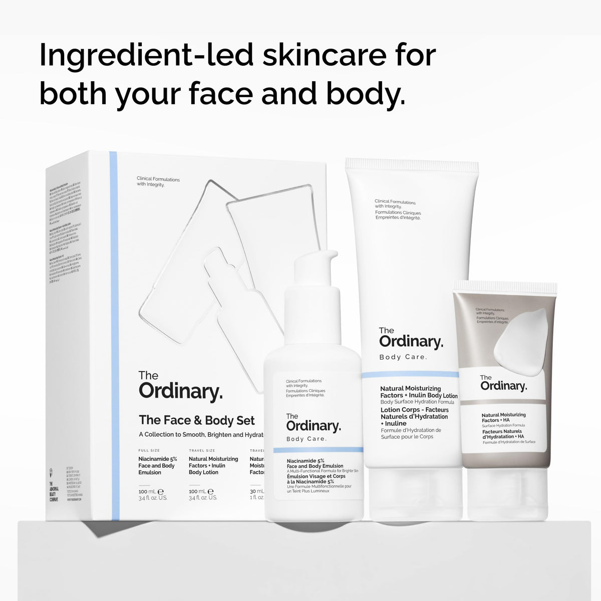 The Ordinary products side-by-side for scale comparison showing travel and full-size options