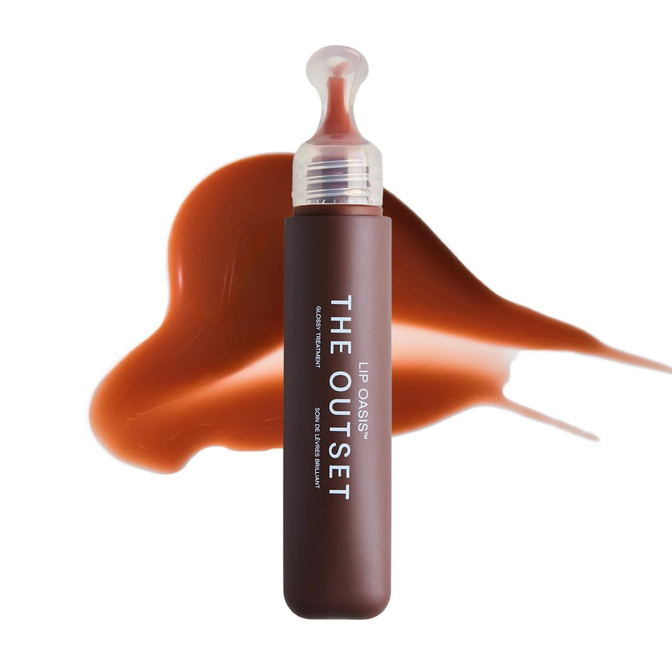 The Outset lip oasis front packaging showing bottle and glossy finish benefit
