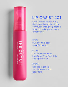 Flatlay of The Outset Lip Oasis with key ingredients emphasizing nourishing benefits