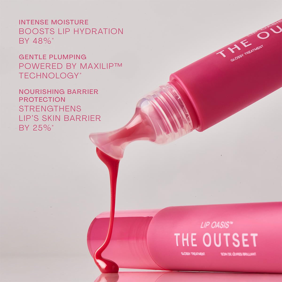 Swatch of The Outset Daiquiri on lips showing sheer pink tint and polished shine