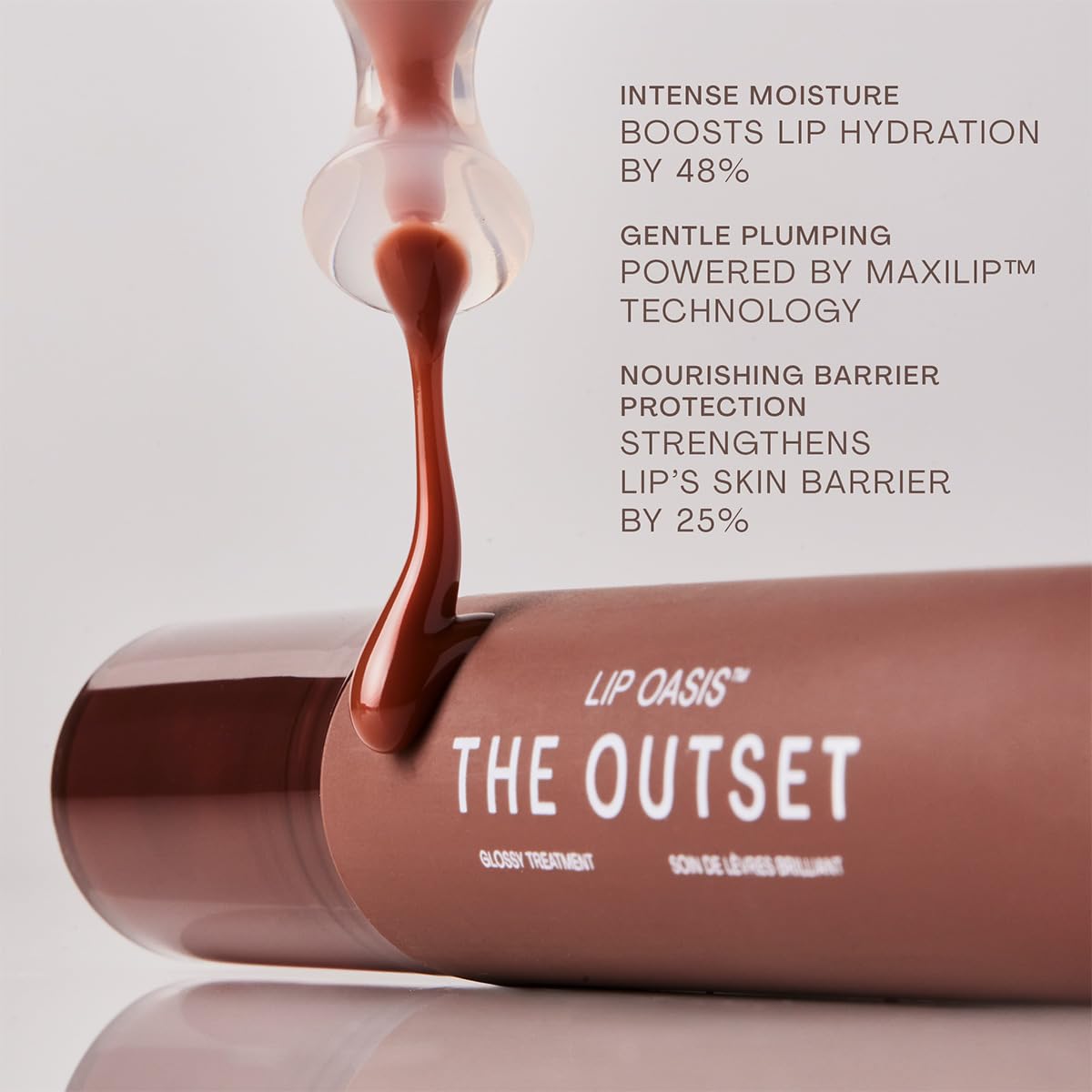 The Outset lip oasis tube tilted to fill applicator for even, flawless application