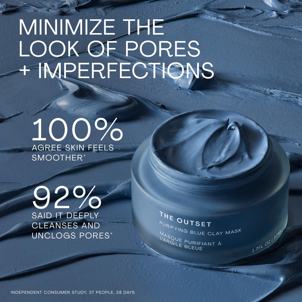 Open jar of The Outset mask revealing creamy blue clay for detox