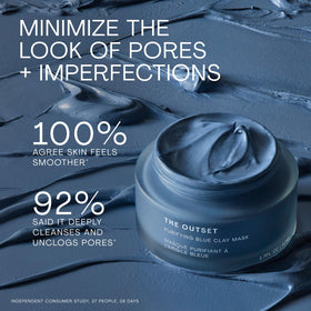Open jar of The Outset mask revealing creamy blue clay for detox