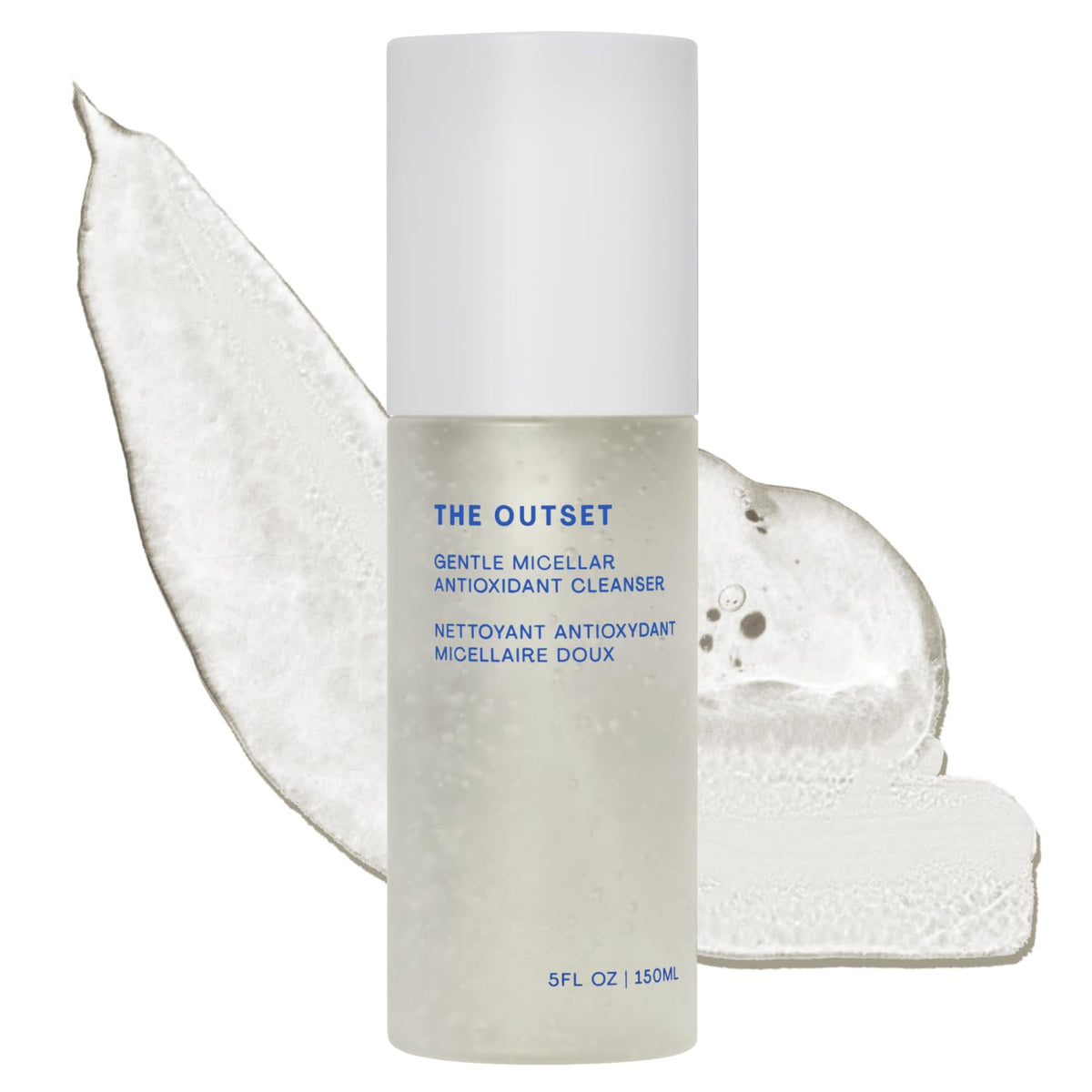 The Outset front packaging showing cleanser bottle, conveys gentle daily cleansing benefit