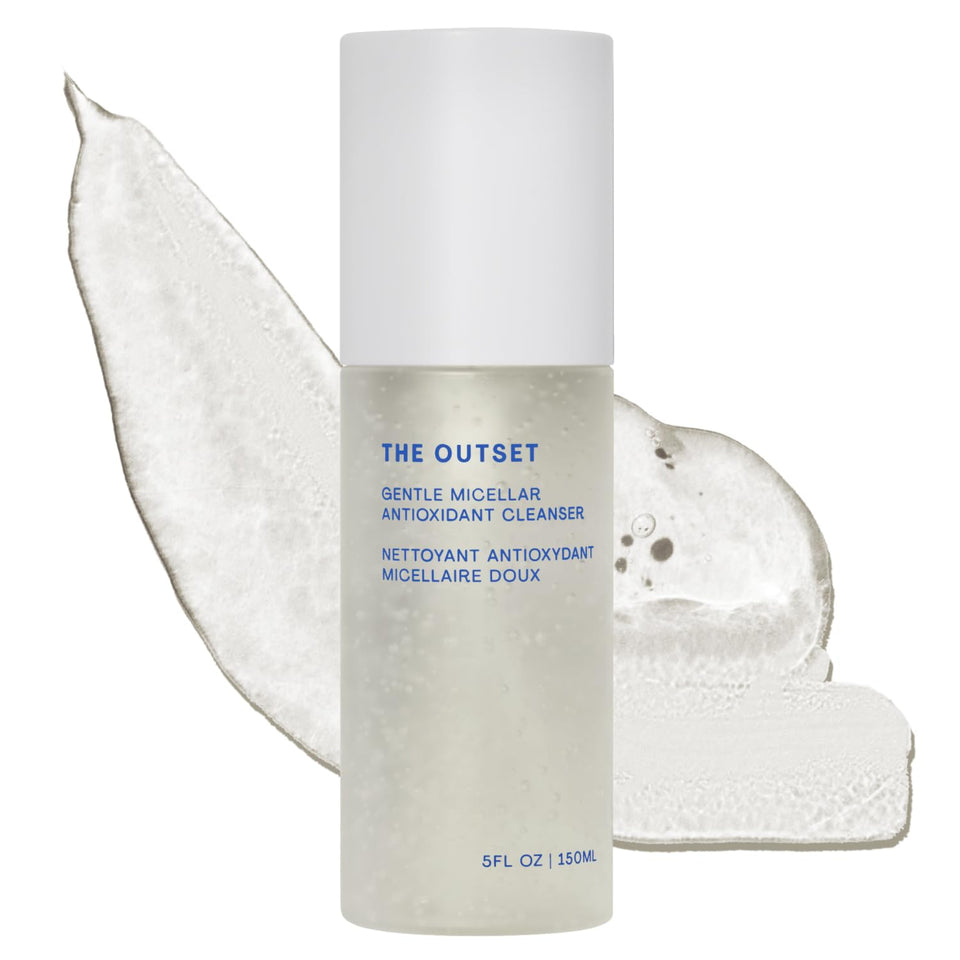 The Outset front packaging showing cleanser bottle, conveys gentle daily cleansing benefit