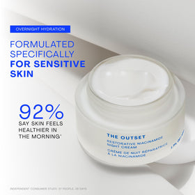 Niacinamide and bakuchiol ingredients beside jar highlighting The Outset brightening benefits