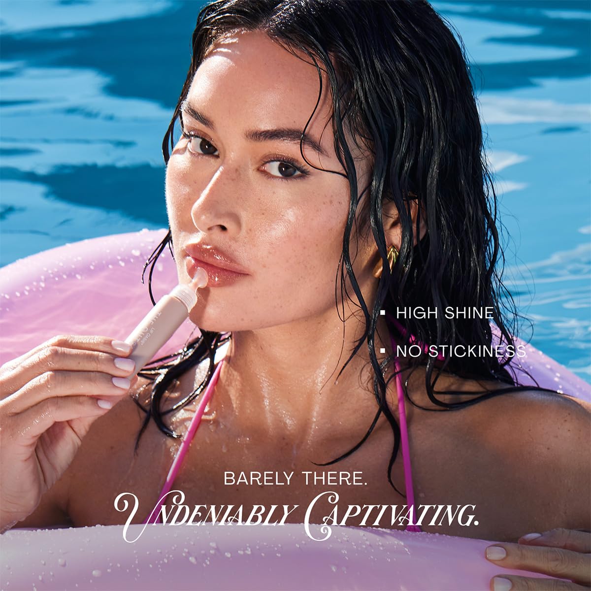 The Outset lip balm poolside lifestyle image conveying vacation-ready glow and hydration